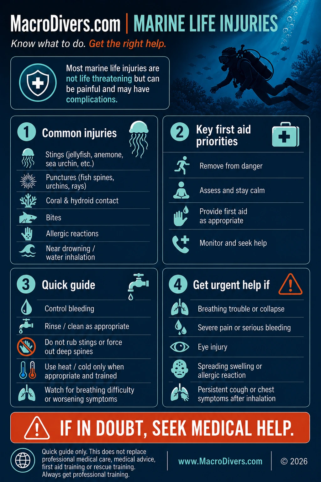 MacroDivers.com Marine Life Injuries First Aid infographic showing common injuries, key first aid priorities, a quick guide and when to get urgent help.